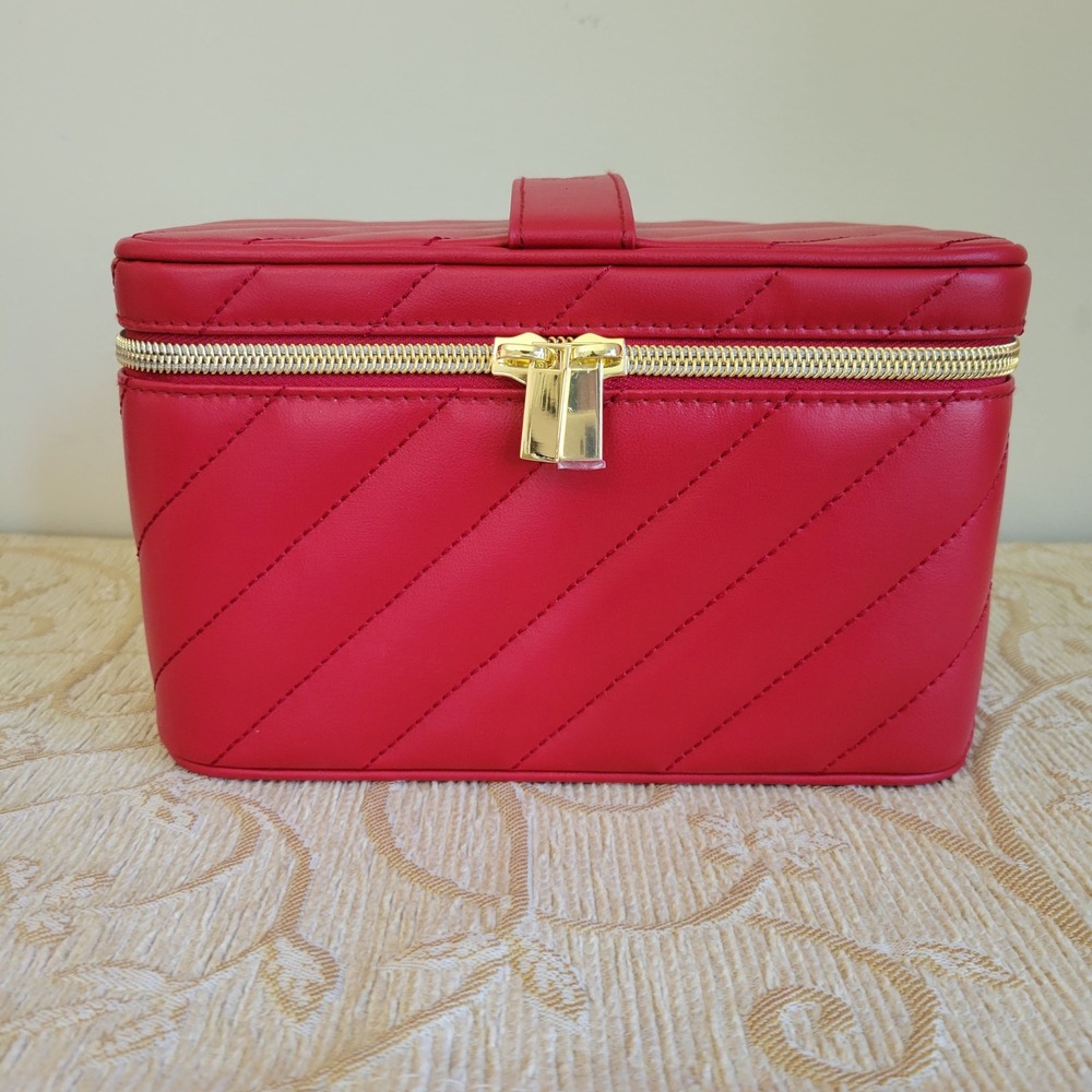Yves Saint Laurent Beaute Red Chevron Quilted Vanity‎ Case Makeup Bag Mirror NEW